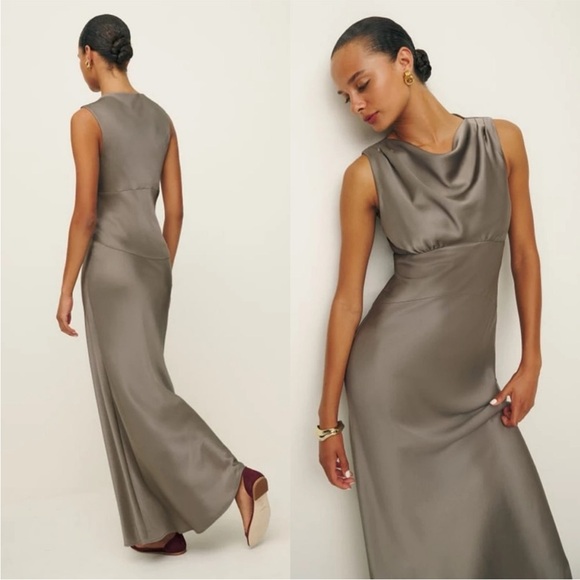 NWT Reformation Dessa Satin Maxi Slip Cowl Bias Neck Dress in Taupe size 10 - Picture 6 of 13